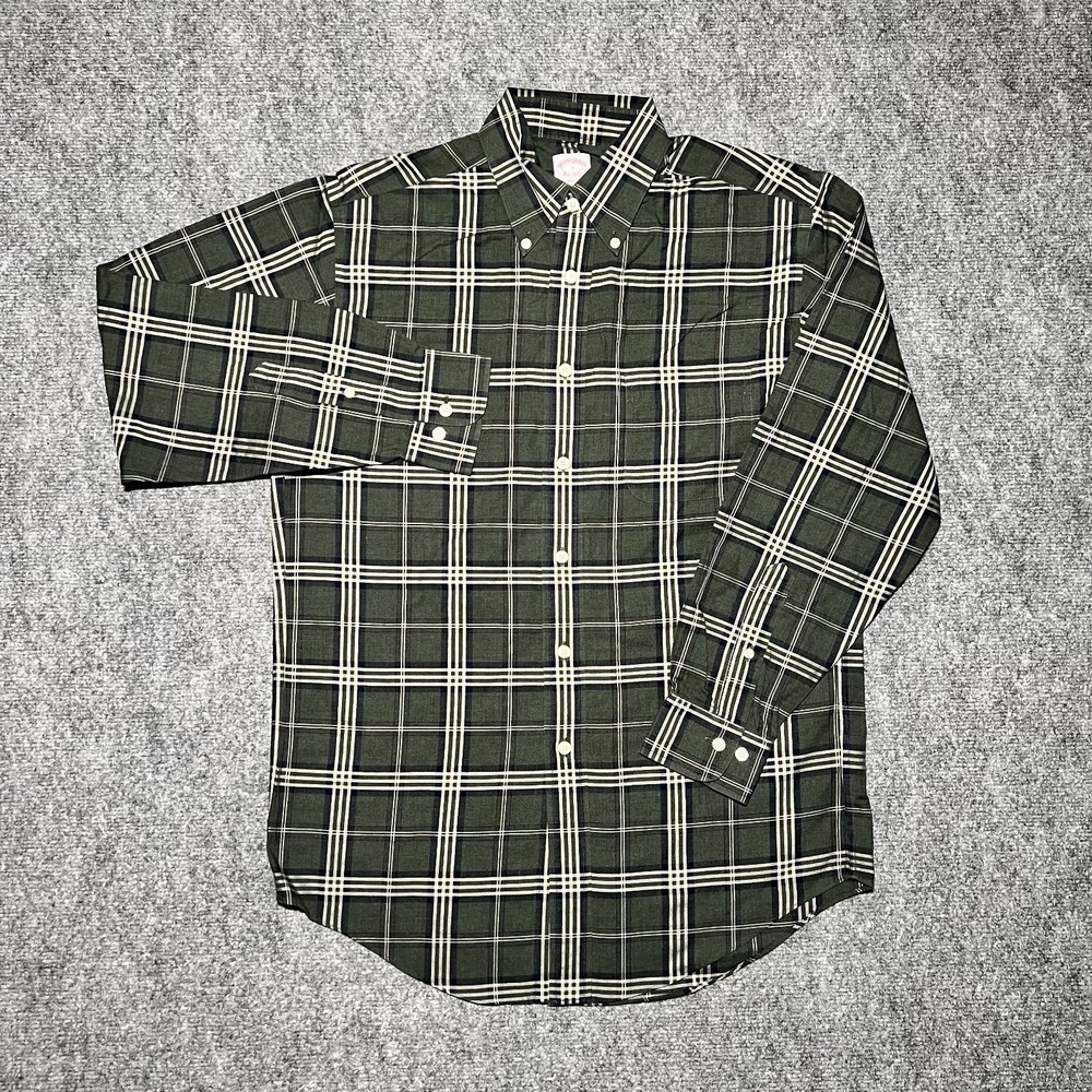 Brooks Brothers Madison‎ Plaid Button Down Shirt Mens Small Non Iron Green White
